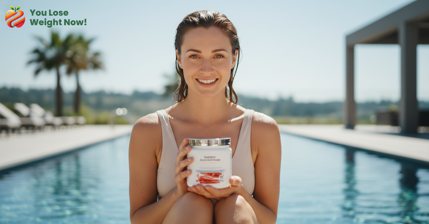 A fit White woman in her mid-twenties in a swimsuit, just out of the pool, sitting on the poolside edge, hair wet, bright natural light, holding the Hydration Electrolyte Surge pot ā a short squat wide round supplement pot with a flat silver lid ā the pot is the size of her hand, looking refreshed and radiant. The YouLoseWeightNow! logo is visible in the top left corner of the image.