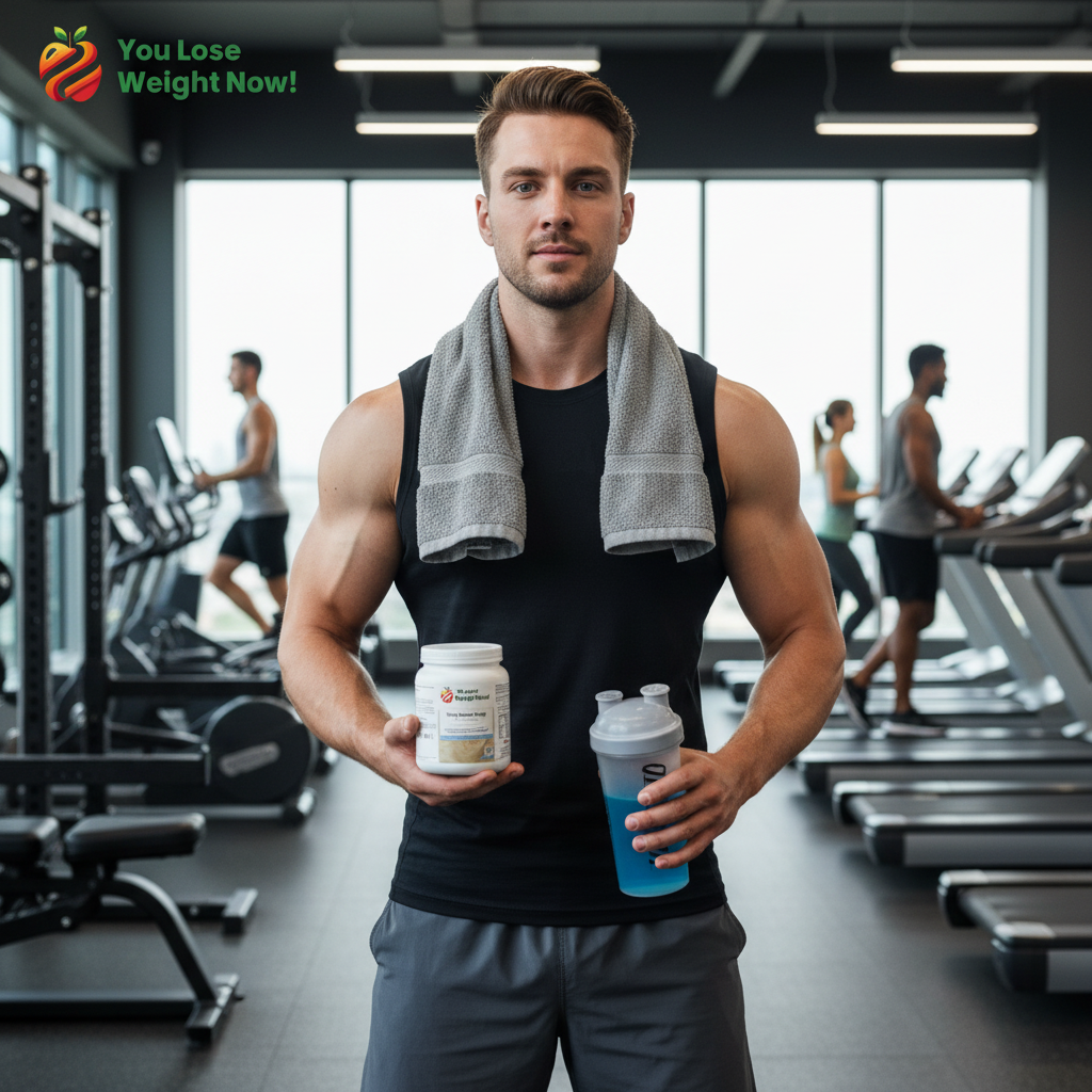 A White male in his late twenties stands in a modern gym after a workout, towel around his neck, holding a 1500ml white round barrel supplement pot in one hand and a shaker bottle in the other, other gym-goers visible in the background. The YouLoseWeightNow! logo is visible in the top left corner of the image.