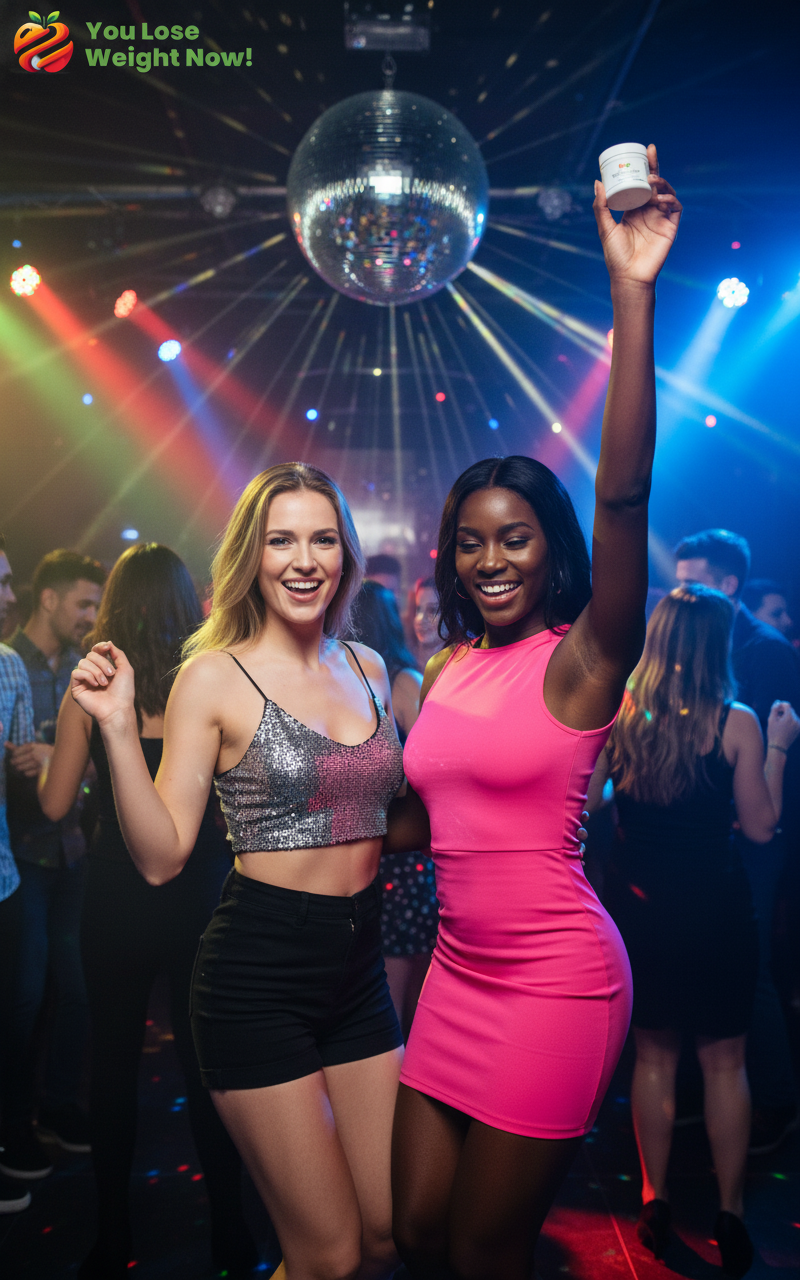 Two women dancing in a packed nightclub under a disco ball, one holding a YouLoseWeightNow! NAC Artichoke Liver Flow flat supplement pot in the air — lifestyle shot
