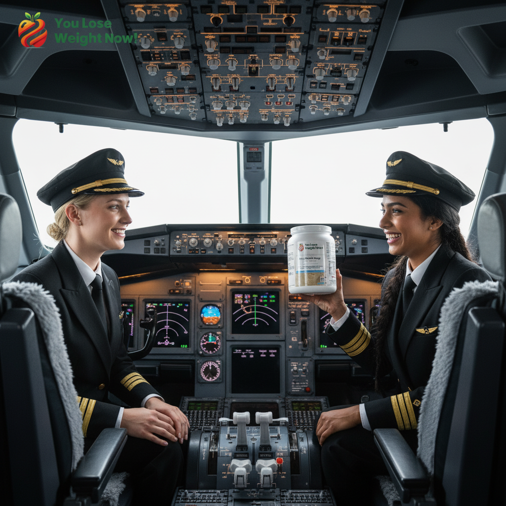 Two female pilots — one White, one South Asian — in their late twenties sit in the cockpit of a commercial aircraft in captain's uniforms with gold epaulette stripes and pilot caps, one holding a 1500ml white round barrel supplement pot, grinning at her co-pilot, cockpit instruments glowing in the background. The YouLoseWeightNow! logo is visible in the top left corner of the image.