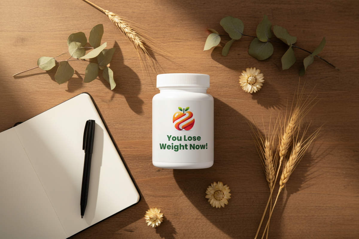 Premium supplement pot flatlay on warm brown wooden surface with botanicals and notebook
