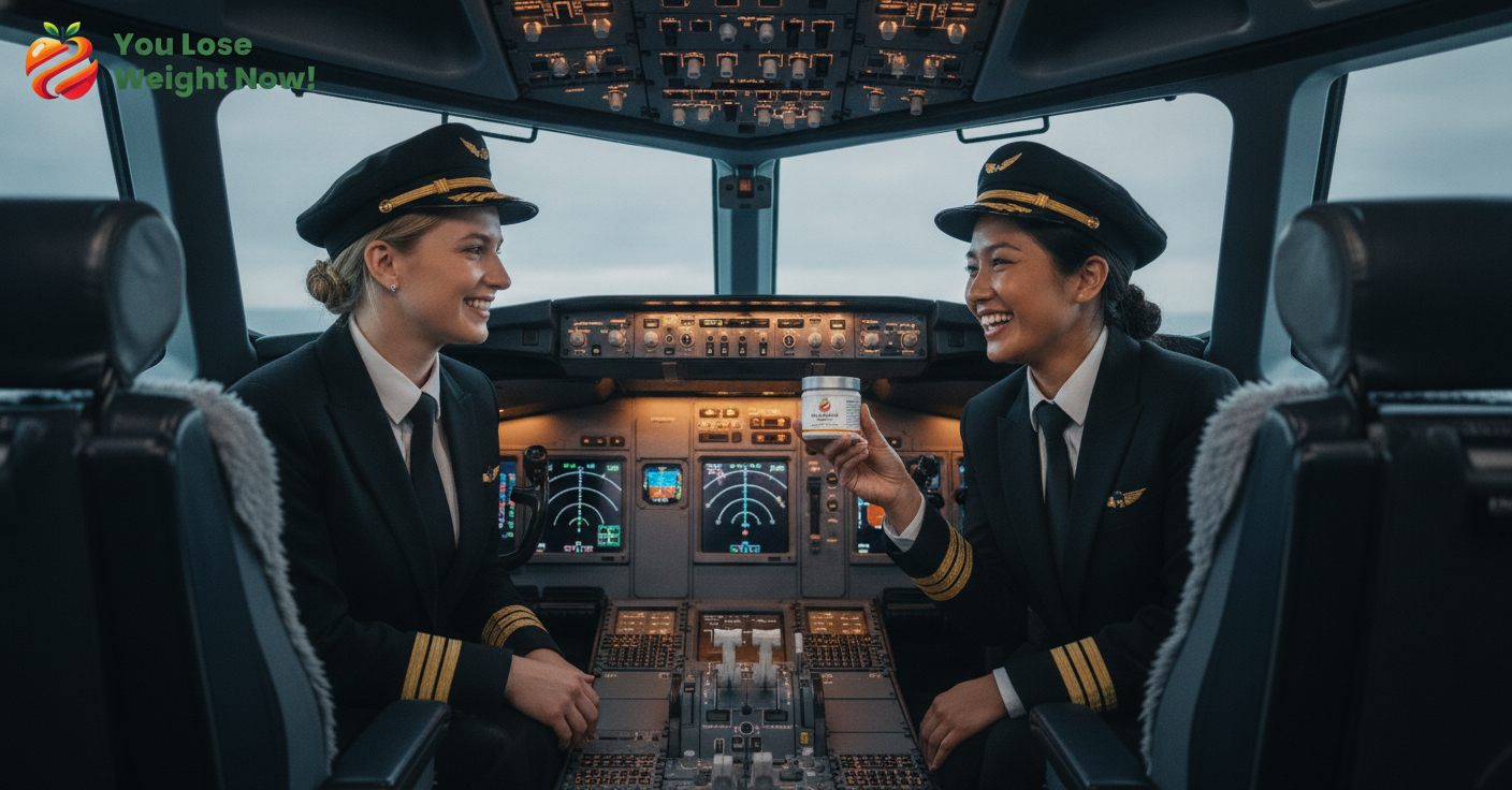 Two female pilots in their late twenties — one White, one South Asian — sit in the cockpit of a commercial aircraft in captain's uniforms with gold epaulette stripes and pilot caps, hands near the controls. The South Asian pilot holds a YouLoseWeightNow! 17 Vitamins Probiotic Surge flat supplement pot, grinning at her co-pilot. Cockpit instruments and overhead panel glow in the background. The YouLoseWeightNow! logo is visible in the top left corner of the image.