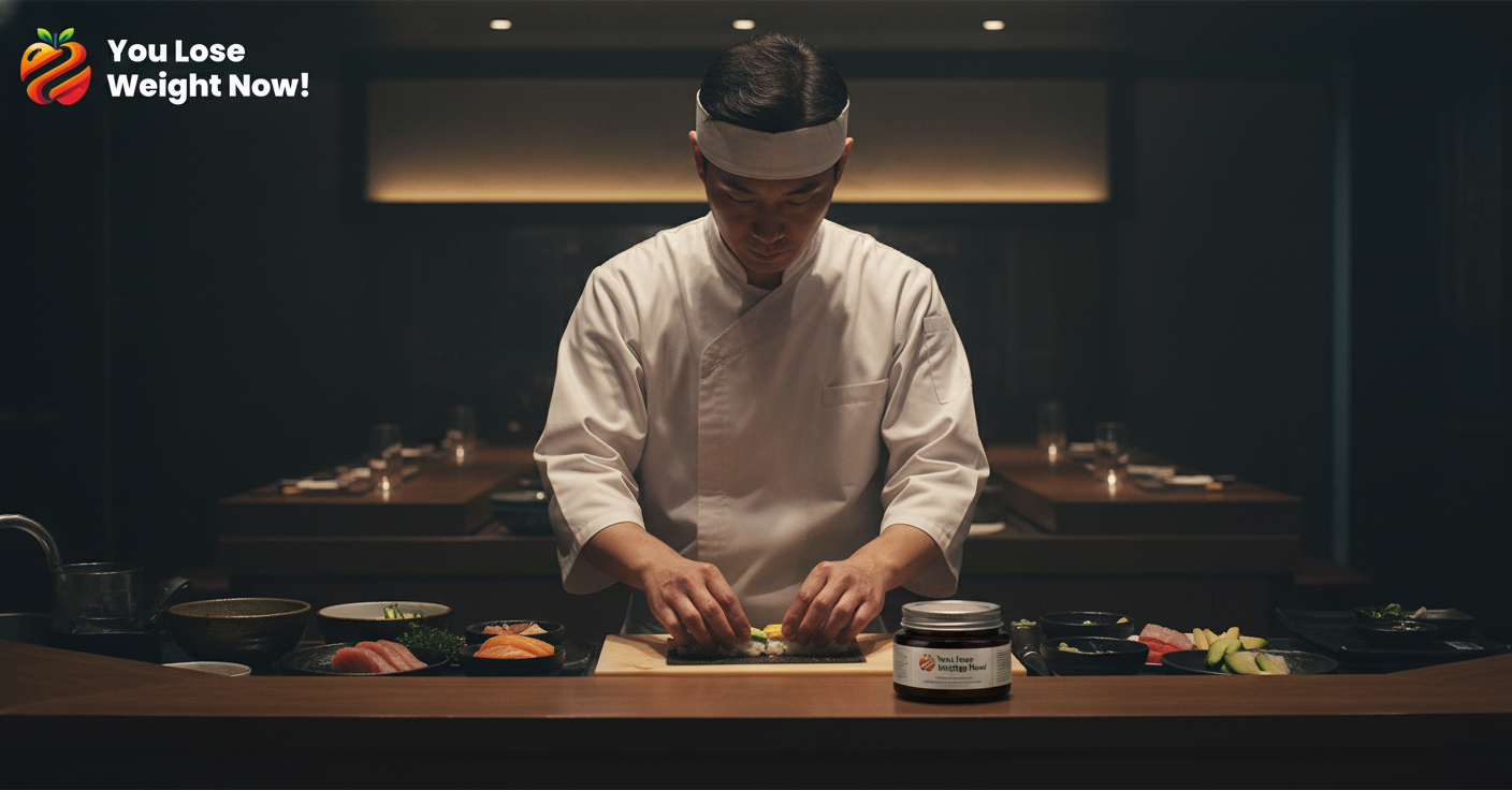 A Japanese male sushi chef in a crisp white uniform carefully preparing sushi rolls with nori seaweed sheets in a sleek moody Japanese restaurant, with the YouLoseWeightNow! Seaweed Iodine Thyroid Surge flat postal pot placed elegantly on the counter beside his ingredients. The YouLoseWeightNow! logo is visible in the top left corner of the image.