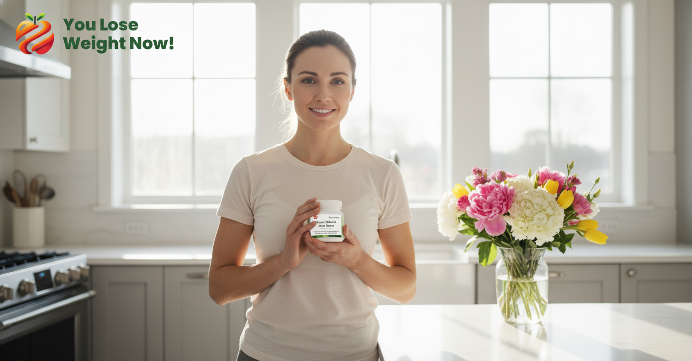 A radiant White woman in her early 30s stands in a bright modern kitchen holding the Zinc Caprylic GI Cleanse flat postal pot, a vase with beautiful fresh flowers on the kitchen counter, natural light flooding through the window. The YouLoseWeightNow! logo is visible in the top left corner of the image.