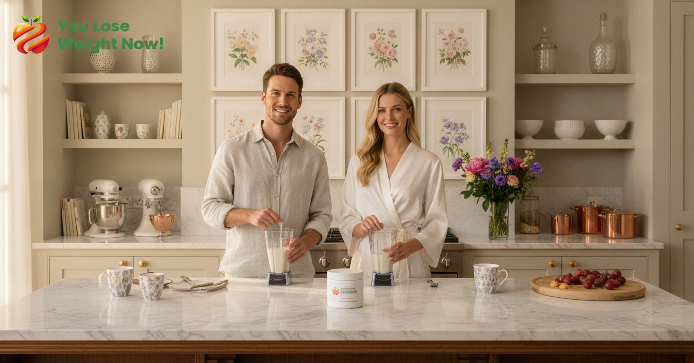  A young White man and woman in a beautifully appointed home kitchen during their morning routine, preparing their daily Post Workout Recovery Surge shake, fresh flowers on the counter and flower prints on the wall. The YouLoseWeightNow! logo is visible in the top left corner of the image.
