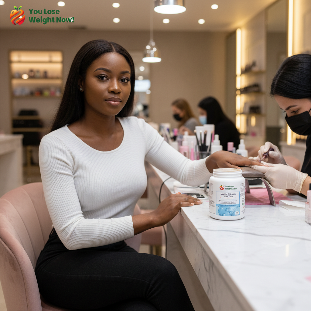 A young Black woman getting her nails done at a chic upscale nail salon, nail technician working on her hand, the Marine Collagen 9000 Glow round pot by YouLoseWeightNow! on the salon counter beside her, label visible, warm ambient lighting. The YouLoseWeightNow! logo is visible in the top left corner of the image.