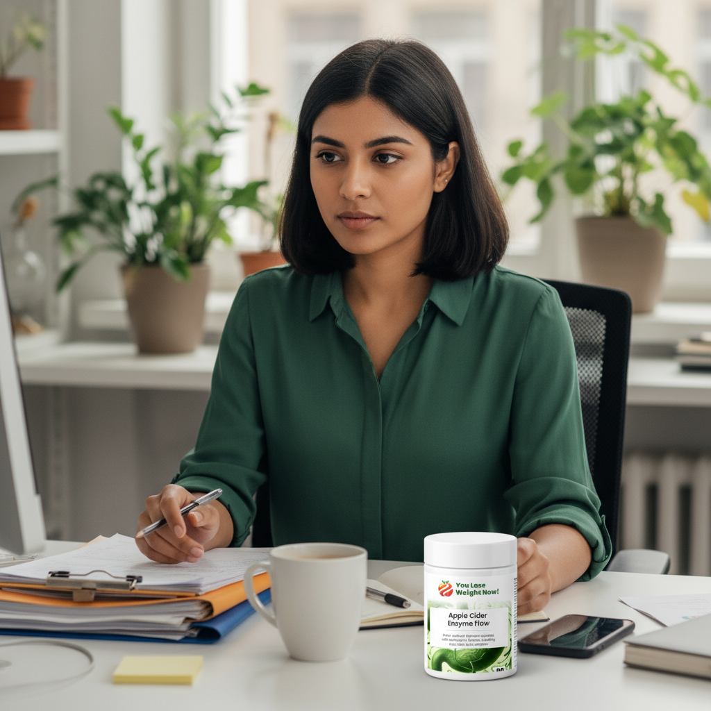 South Asian female office worker at a busy desk with Apple Cider Enzyme Flow by YouLoseWeightNow! supplement pot visible alongside laptop, plants in background
