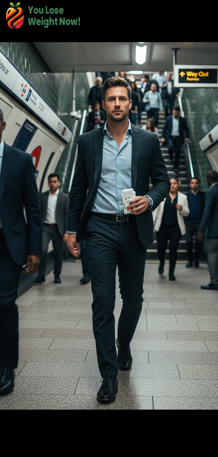 A White man in his early 30s striding confidently through a busy London Underground station, looking sharp and full of energy, holding the YouLoseWeightNow! Acerola Rosehip Vitamin C pot. The YouLoseWeightNow! logo is visible in the top left corner of the image.