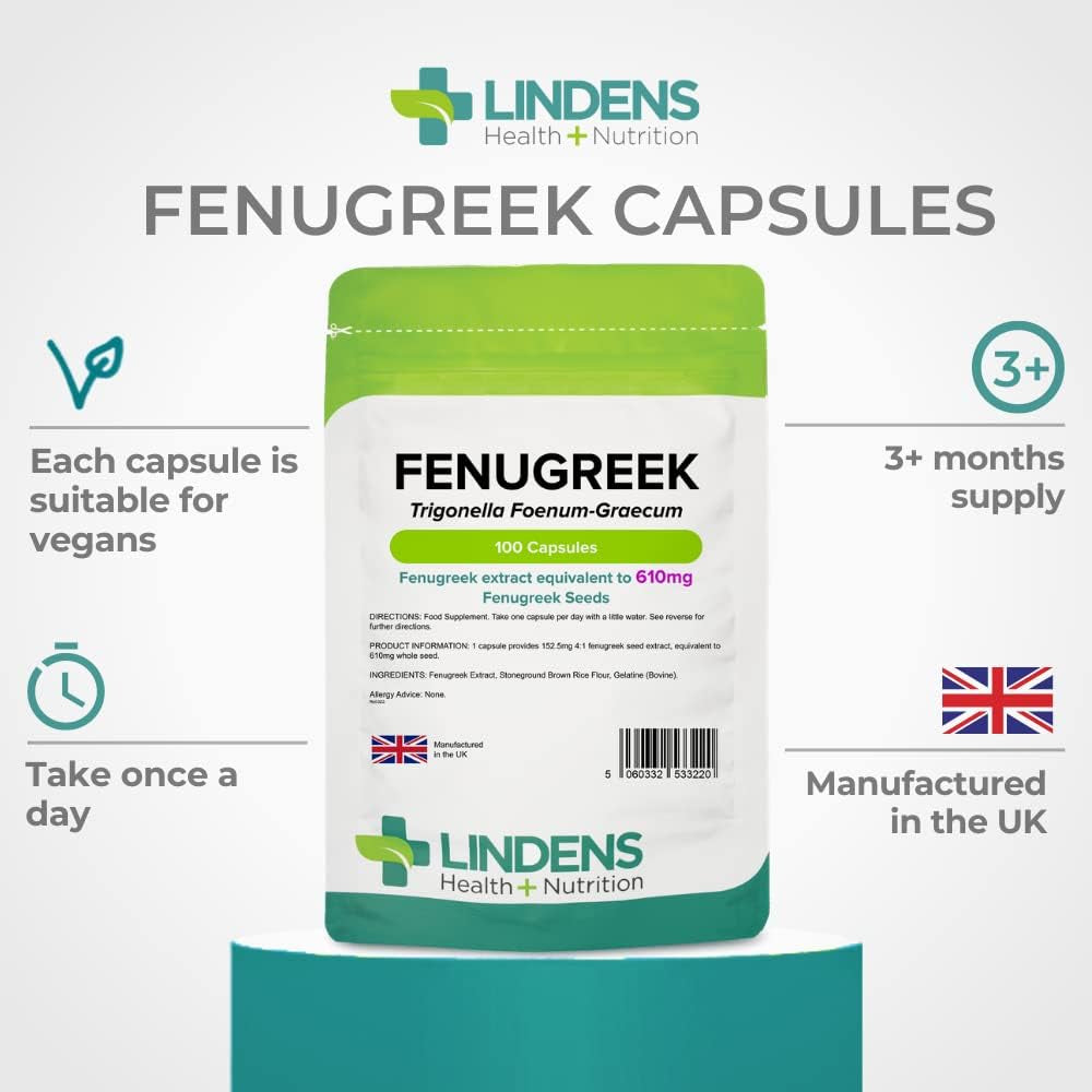 - Fenugreek 610Mg - 100 Capsules - One-A-Day - UK Made - Rich in Saponins (3+ Months Supply), Natural Herbal Food Supplement in Rapid Release, Easy to Swallow Capsule - Letterbox Friendly