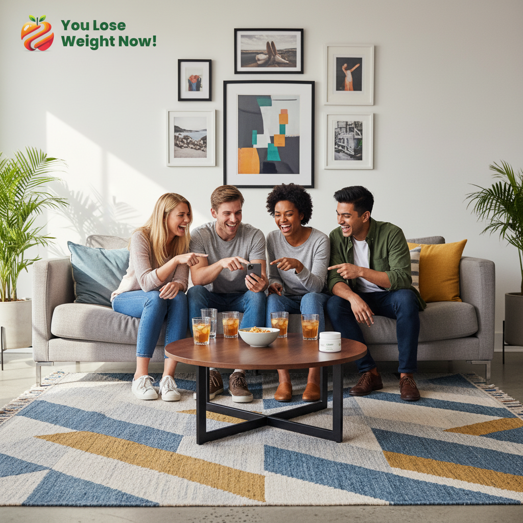 Four friends aged 18-25 — two White, one Black, one South Asian — laughing and pointing at a phone screen in a beautiful modern lounge with green plants, framed wall art, a rug, and drinks on the sofa table. The YouLoseWeightNow! logo is visible in the top left corner of the image.