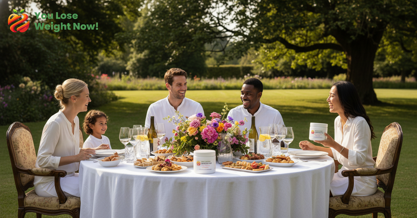 Three families gathered around a beautifully dressed outdoor dining table in a stunning English country garden, food, wine and fresh flowers on the table, one guest with the Post Workout Recovery Surge supplement pot. The YouLoseWeightNow! logo is visible in the top left corner of the image.