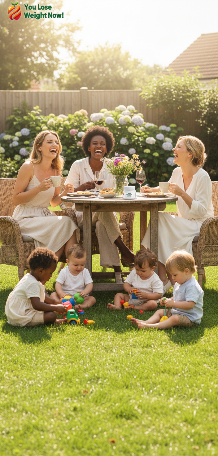 Three mums — one White, one Black, one East Asian — sit in a sunny garden laughing with five children playing around them and a tiny flat wide-lidded YouLoseWeightNow! supplement pot on the garden table. The YouLoseWeightNow! logo is visible in the top left corner of the image.