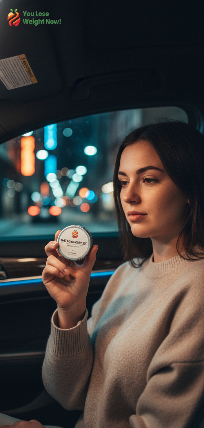 A young White female sitting in the passenger seat of a sleek modern car at night, city lights blurring through the window, holding the Nattokinase Sea Moss Surge flat supplement pot. The YouLoseWeightNow! logo is visible in the top left corner of the image.