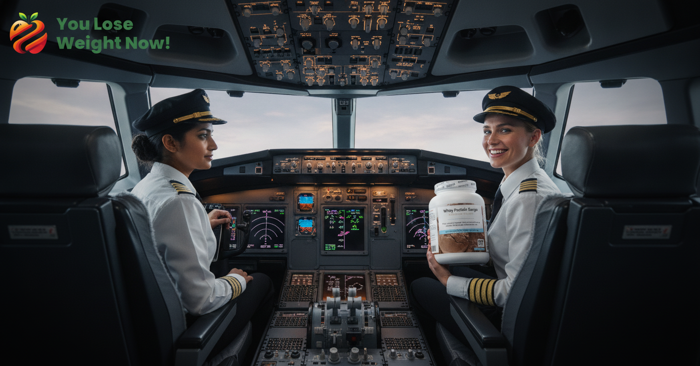 Two female pilots — one White, one South Asian — in their late twenties sitting in the cockpit of a commercial aircraft in captain's uniforms with gold epaulette stripes and pilot caps, one holding the WheyNourish Chocolate Flavour Whey Protein Surge 1500ml white round barrel supplement pot, grinning at her co-pilot. The YouLoseWeightNow! logo is visible in the top left corner of the image.