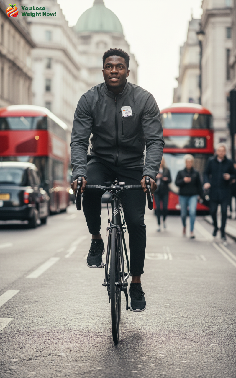 A young Black man cycles confidently through busy London morning traffic, city streets and double-decker buses in the background. The Lavender Ashwagandha Night Calm flat postal pot is visible in his jacket pocket. Cinematic urban energy. The YouLoseWeightNow! logo is visible in the top left corner of the image.