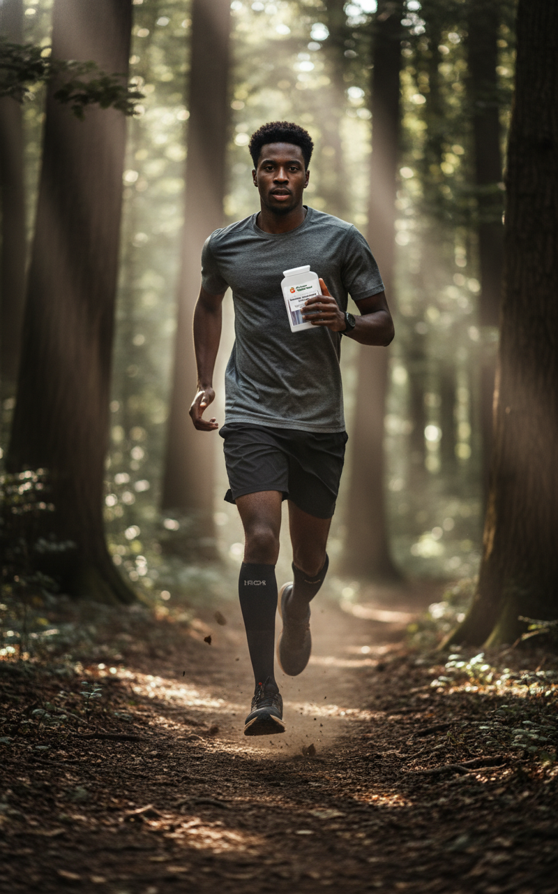 Young Black man trail running through a forest holding a YouLoseWeightNow! Turmeric Glucosamine Joint Flow supplement pot