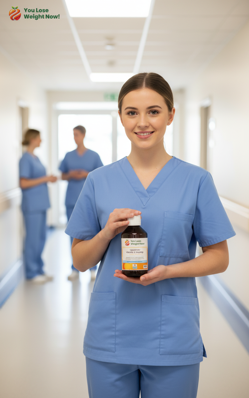 Young White female doctor in a hospital corridor holding the YouLoseWeightNow! Liposomal Vitamin C Rosehip Surge amber bottle, healthcare workers in background, premium editorial photography