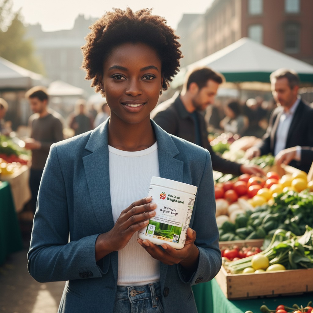 Woman holding 35 Greens Organic Surge at a farmers market — organic greens powder by YouLoseWeightNow!
