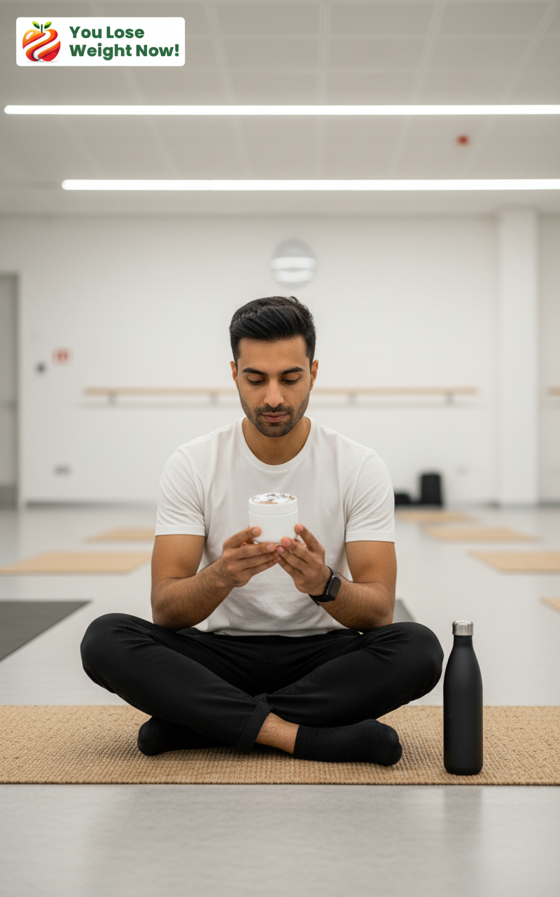 A calm South Asian man in his late 20s sitting cross-legged on a yoga mat after a session, holding the YouLoseWeightNow! 8 Strain Gut Biotic tiny flat supplement pot with quiet intention, bright minimal studio softly lit in the background. The YouLoseWeightNow! logo is visible in the top left corner of the image.