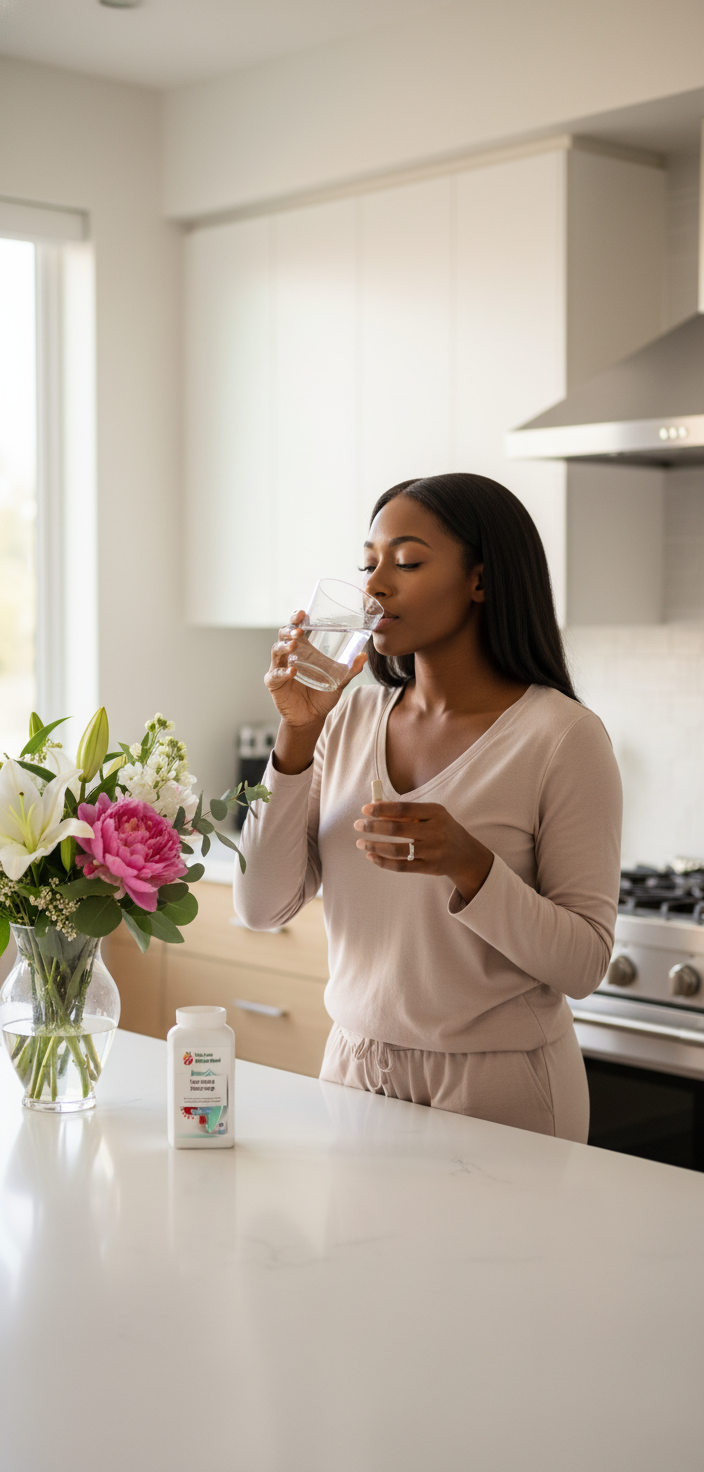 Black woman in a bright kitchen taking Total Vitality Shield Surge supplement with beautiful fresh flowers on the counter – YouLoseWeightNow!