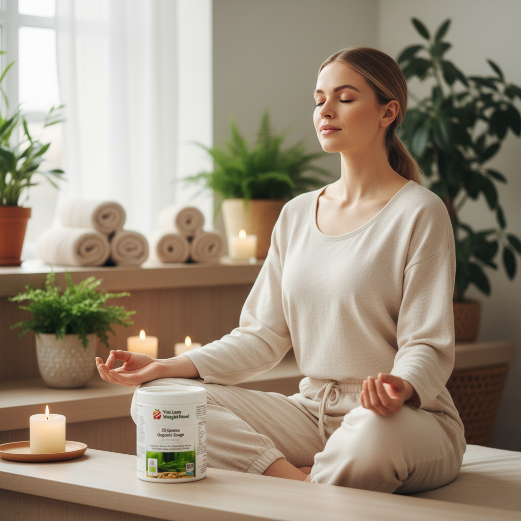 Woman in spa setting with 35 Greens Organic Surge — organic greens powder by YouLoseWeightNow!