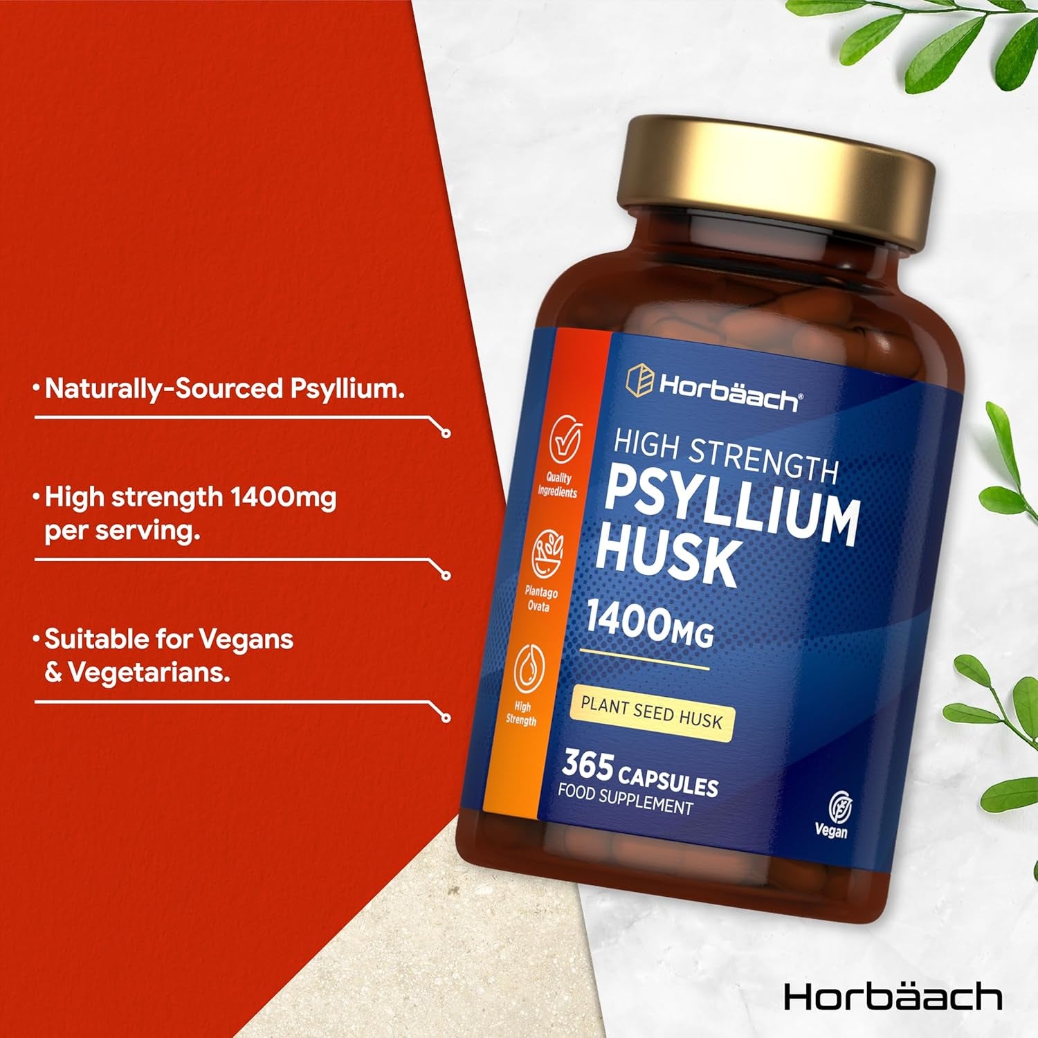 Psyllium Husk Capsules 1400Mg | Fibre Supplement | 365 Vegan Capsules (6-Month Supply) | High Strength Psyllium Husk Powder | Natural Prebiotic | by