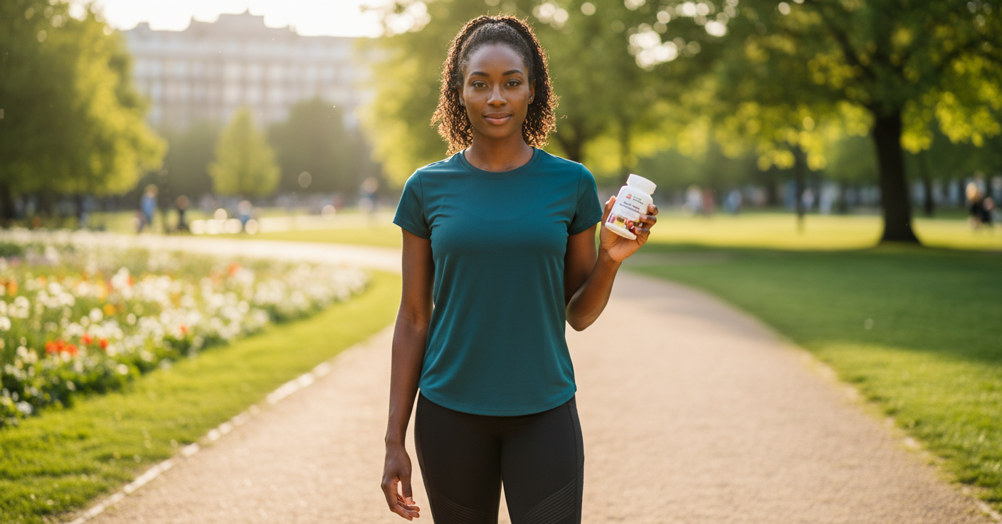 Young Black female runner in a park holding YouLoseWeightNow! Cherry Beetroot Energy Surge — natural energy and recovery support, post-run lifestyle