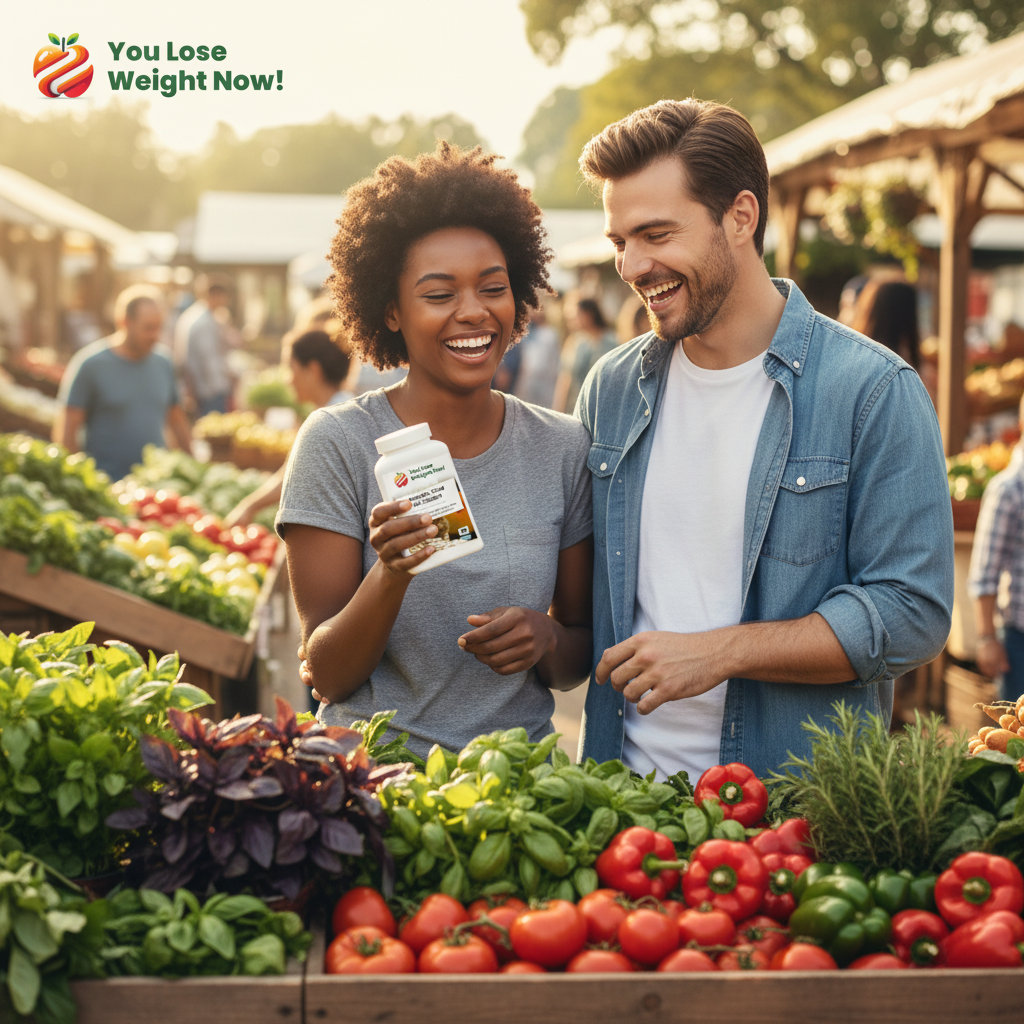 A White man and a Black woman browse a busy outdoor farmers market on a bright Saturday morning. She holds the YouLoseWeightNow! Pumpkin Clove Gut Cleanse pot up to show him, both laughing, surrounded by fresh herbs and botanical produce. The YouLoseWeightNow! logo is visible in the top left corner of the image.