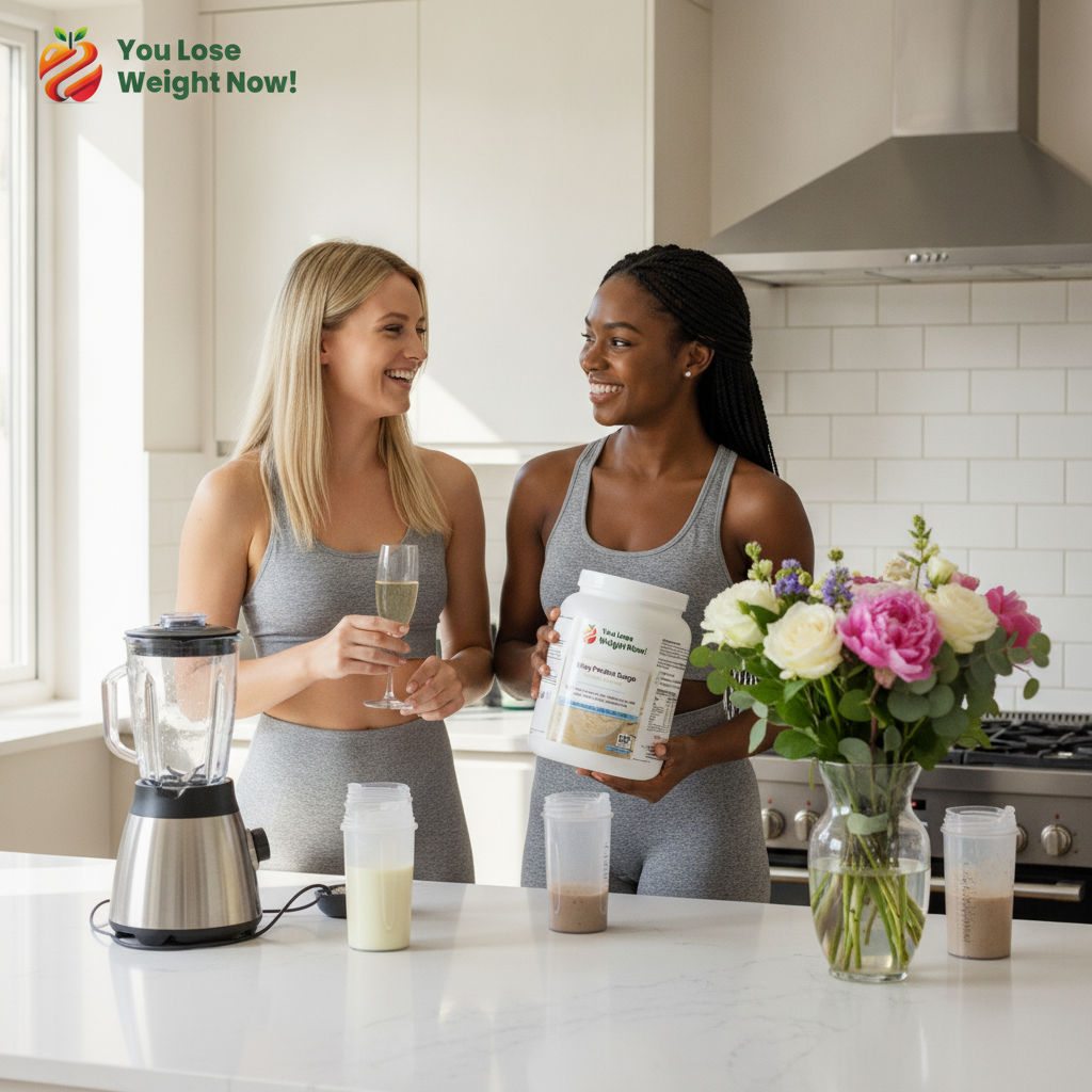A White woman and a Black woman in their mid-twenties prepare morning shakes in a bright modern kitchen, one holding a 1500ml white round barrel supplement pot, a vase with beautiful fresh flowers on the kitchen counter. The YouLoseWeightNow! logo is visible in the top left corner of the image.