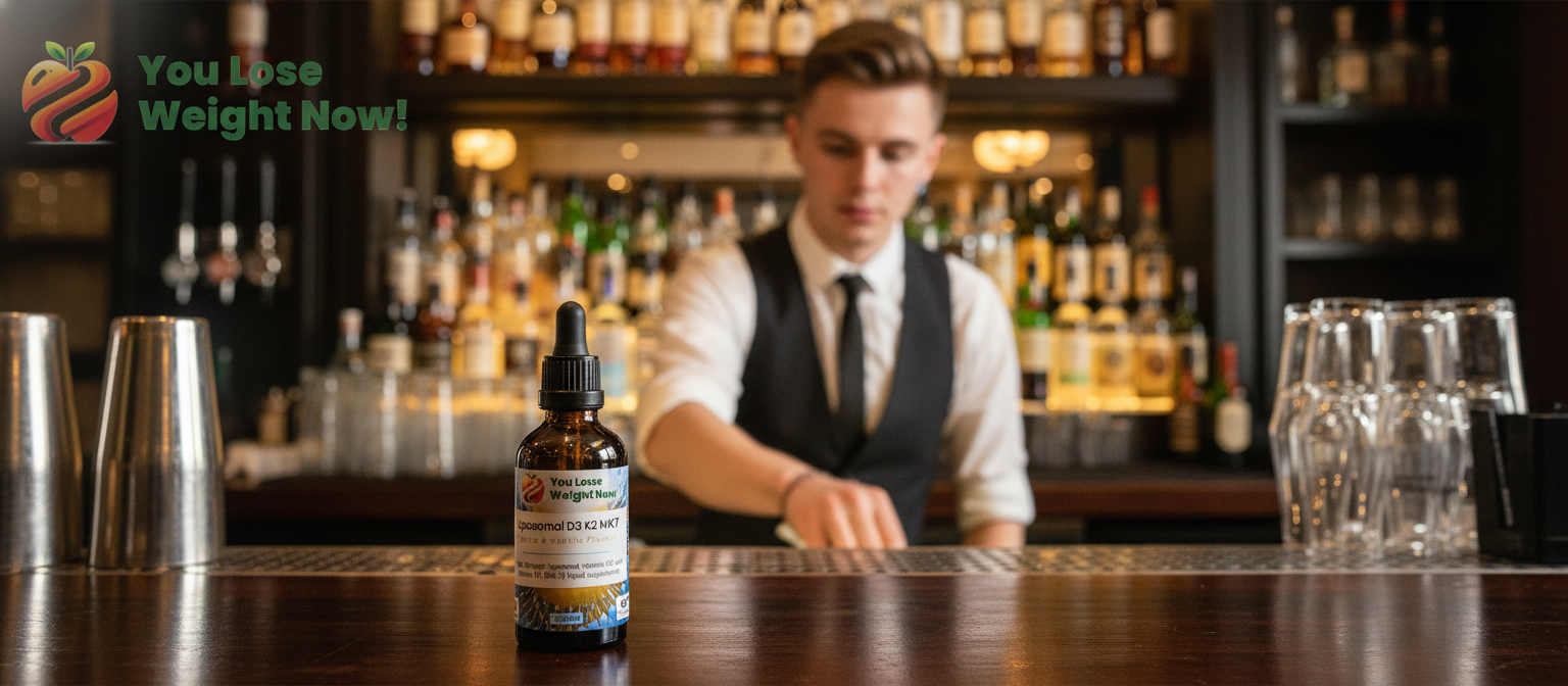 Young White male bartender behind a bar with a YouLoseWeightNow! dropper bottle on the bar top in the foreground, lifestyle photography