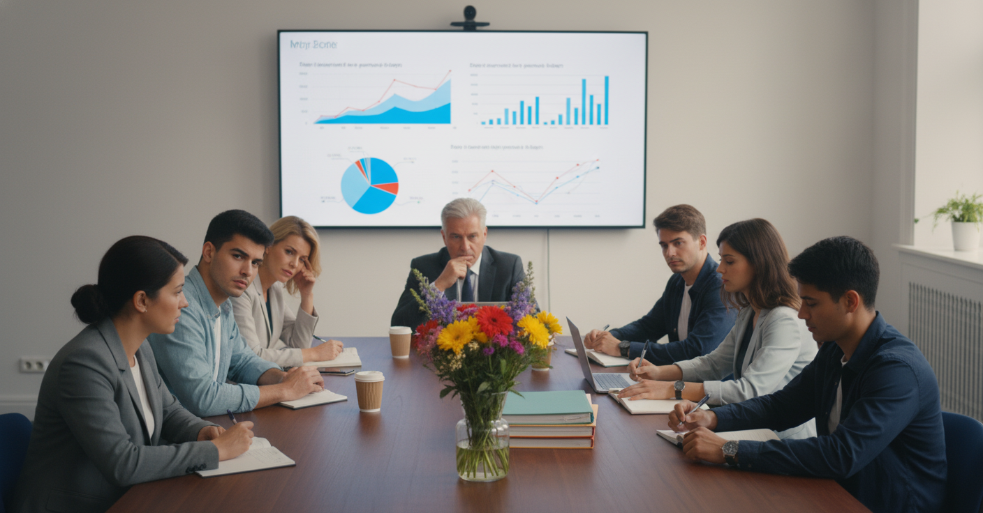 Diverse group of professionals of mixed ages looking stressed at graphs during a corporate boardroom presentation
