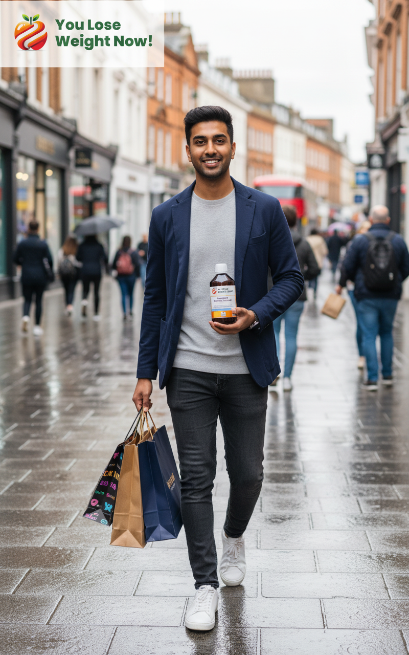 Young South Asian man on a busy UK high street holding the YouLoseWeightNow! Liposomal Vitamin C Rosehip Surge amber bottle, shopping bags in hand, pedestrians and shop fronts in background