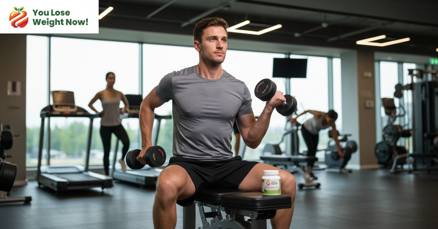 A young white man mid-workout in a modern gym, the 35 Greens Fruits Surge flat pot by YouLoseWeightNow! visible on the bench beside him, label visible, other gym-goers in the background, cinematic lighting, editorial quality. The YouLoseWeightNow! logo is visible in the top left corner of the image.