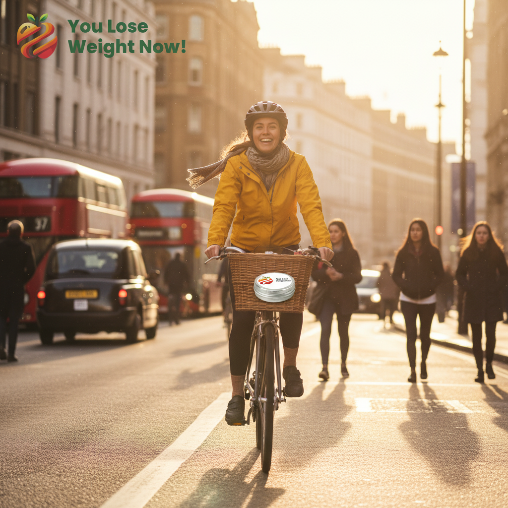 A young White woman cycles confidently through a busy London street full of traffic, red buses and pedestrians, with the YouLoseWeightNow! Women's Cycle Balance Glow supplement pot visible in her bike basket. The YouLoseWeightNow! logo is visible in the top left corner of the image.