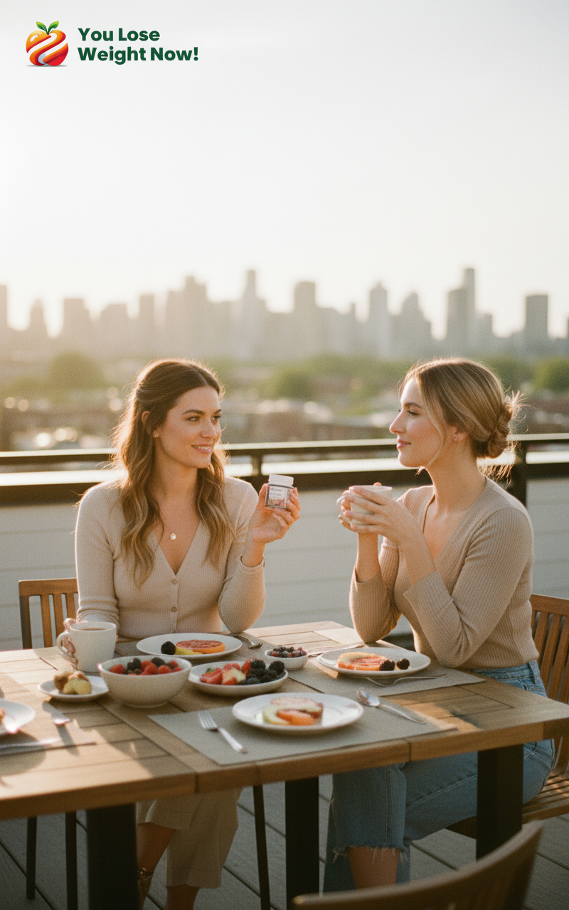 Two stylish women in their early 30s — one White, one East Asian — enjoy a sun-drenched rooftop brunch with coffee cups and fresh fruit on the table, one holding the Multi-Mushroom Lion's Mane Surge flat supplement pot by YouLoseWeightNow!, city skyline softly blurred in the background, golden hour light, Vogue-meets-wellness editorial lifestyle photography. The YouLoseWeightNow! logo is visible in the top left corner of the image.