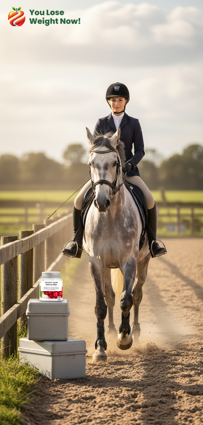 A young White woman in full equestrian riding gear confidently rides her horse through an open field, with the YouLoseWeightNow! Women's Cycle Balance Glow supplement pot visible in the foreground. The YouLoseWeightNow! logo is visible in the top left corner of the image.