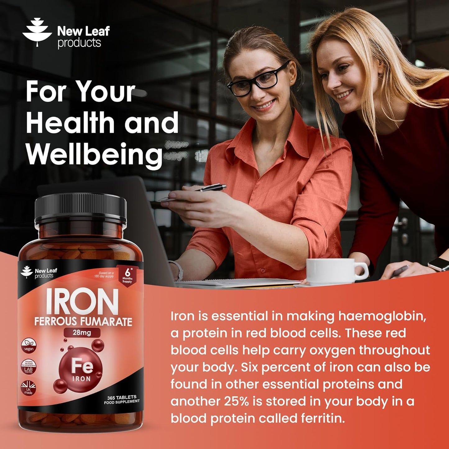 Gentle Iron Tablets 28Mg High Strength Ferrous Fumarate Iron - Vegan Iron Supplements for Men and Womens Health - Reduction in Tiredness and Fatigue, Supports Immune, Health and Energy