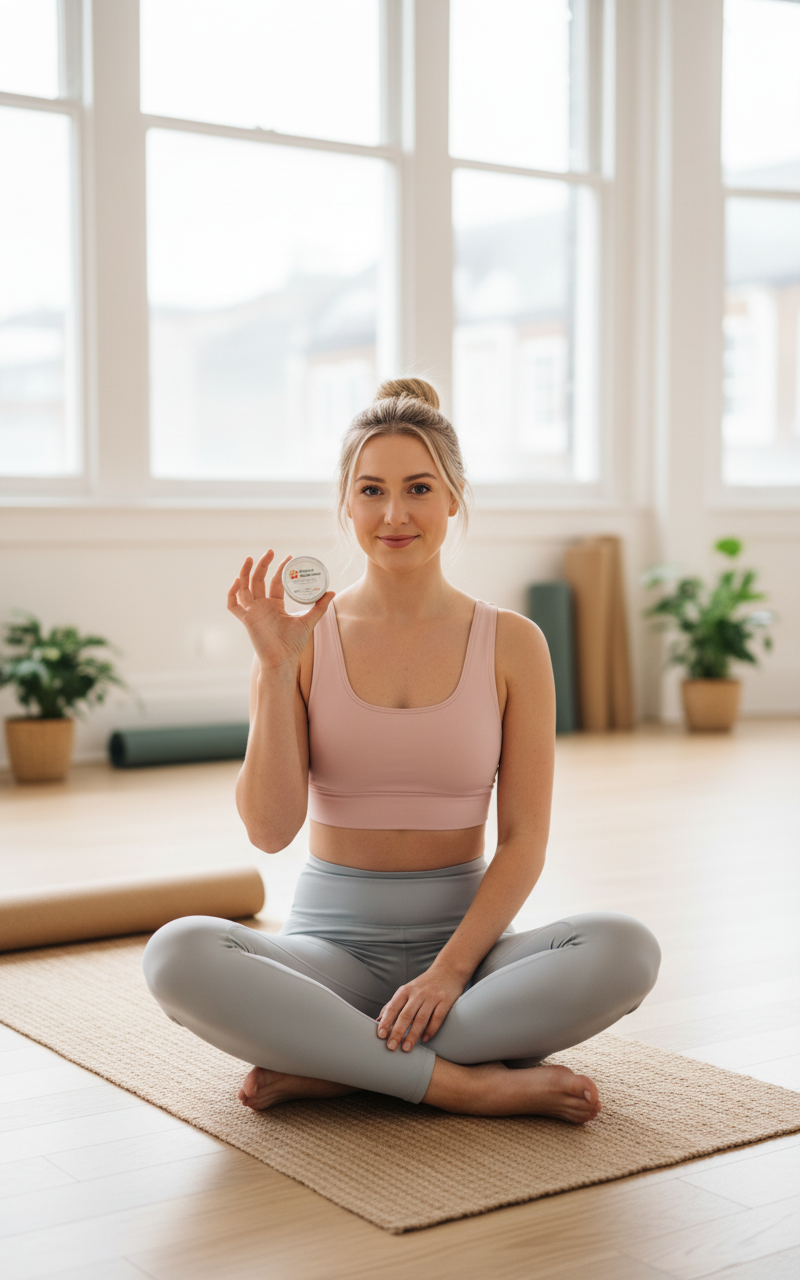 A young white woman in a bright yoga studio seated on a yoga mat — YouLoseWeightNow! Saccharomyces Boulardii Gut Flow lifestyle shot
