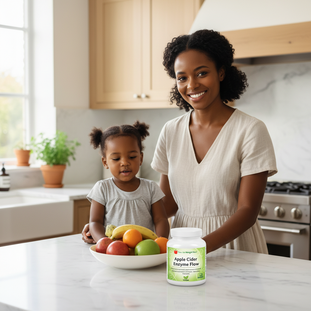 Black female in kitchen with young child, Apple Cider Enzyme Flow by YouLoseWeightNow! supplement pot visible on counter, warm family lifestyle