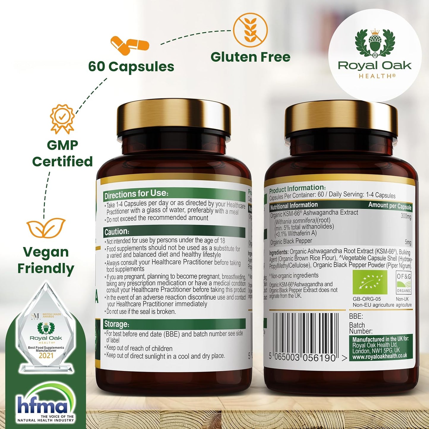 Organic High Concentration Full Spectrum KSM-66 ASHWAGANDHA with 5% Withanolides and Black Pepper, Made in Britain by , 60 Capsules