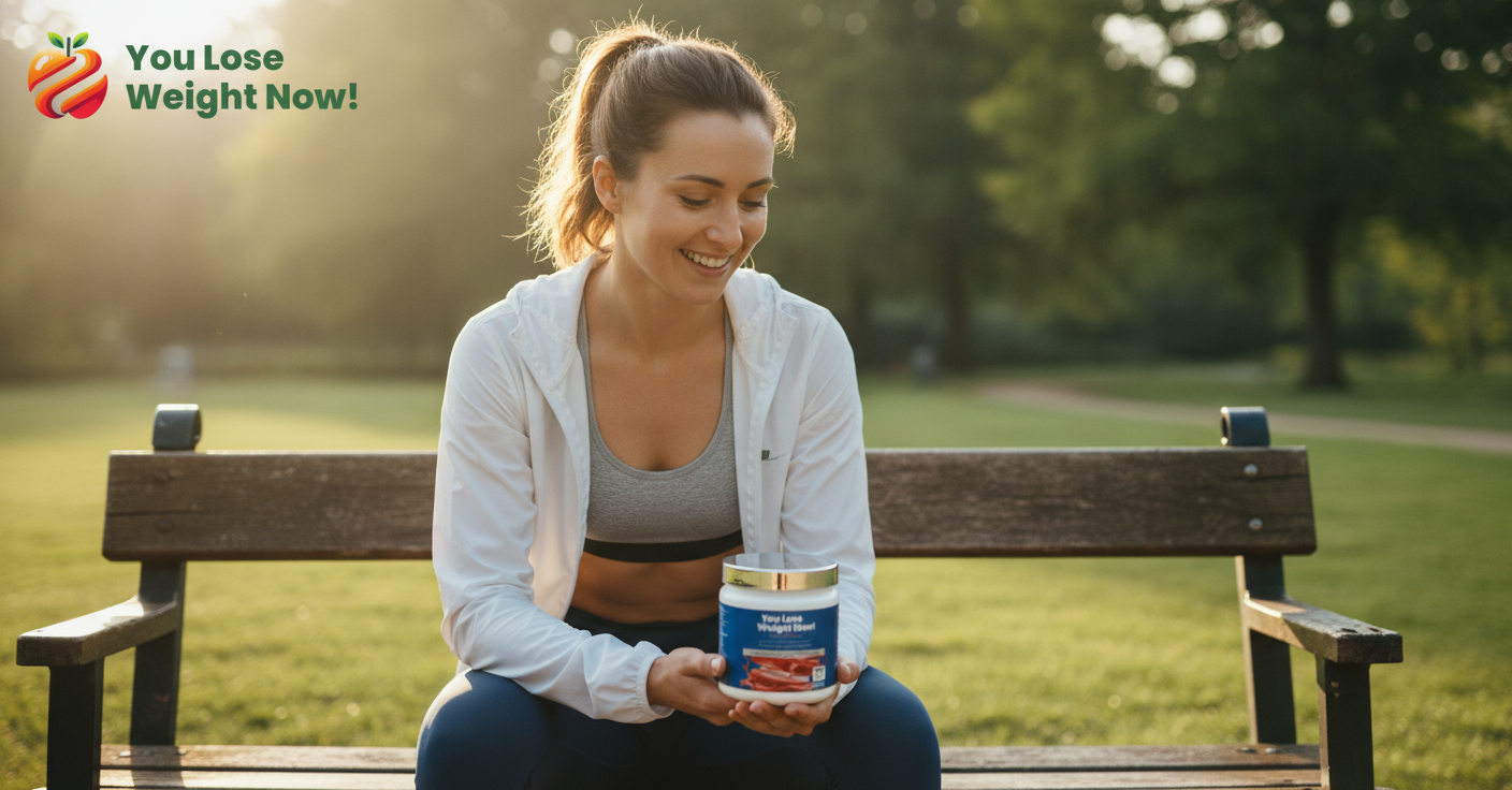 A fit White woman in her late twenties in athletic gear sits on a park bench after a run, slightly breathless, golden morning light, holding the Hydration Electrolyte Surge pot — a short squat wide round supplement pot with a flat silver lid — the pot is the size of her hand, smiling with relief and satisfaction. The YouLoseWeightNow! logo is visible in the top left corner of the image.
