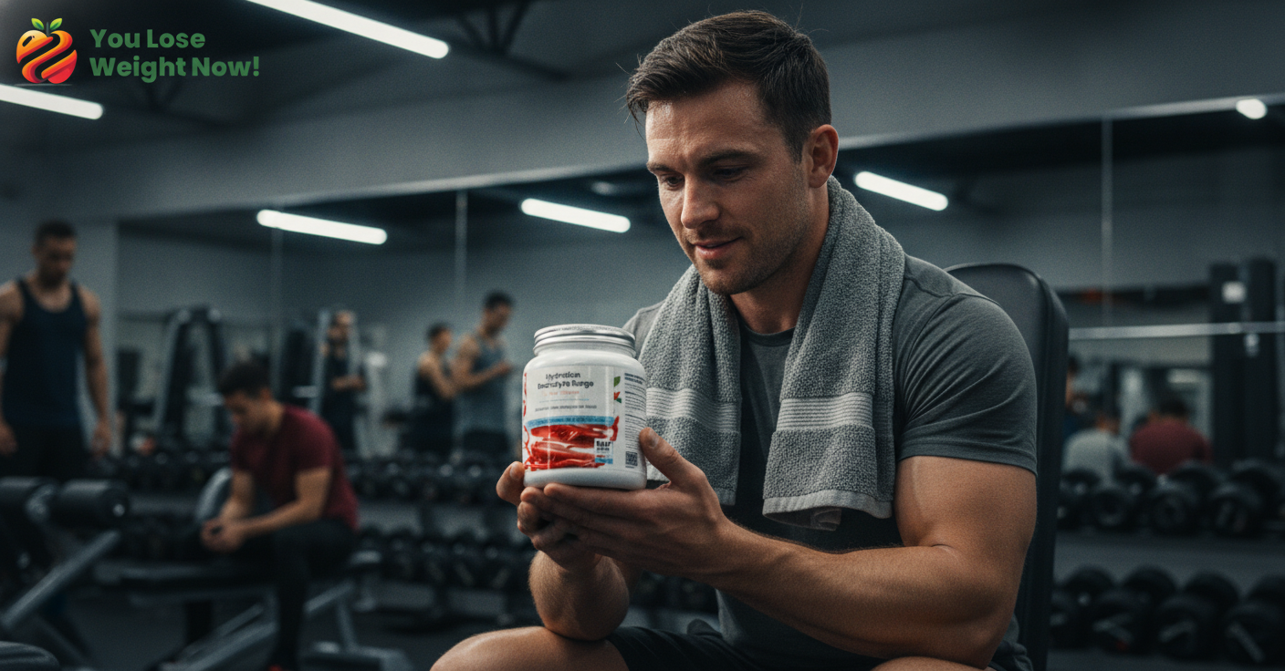  A muscular White man in his late twenties sits on a gym bench post-workout, towel around his neck, sweat on his brow, other gym-goers visible in the background. He holds the Hydration Electrolyte Surge pot — a short squat wide round supplement pot with a flat silver lid — the pot is the size of his hand. The YouLoseWeightNow! logo is visible in the top left corner of the image.