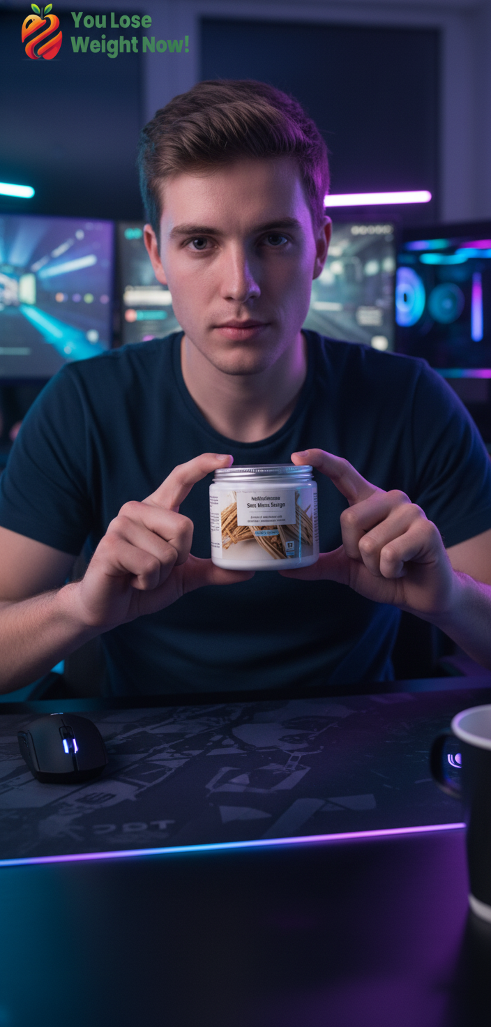 A young White male at a high-end gaming setup with RGB lighting, holding the Nattokinase Sea Moss Surge flat supplement pot, multiple monitors in the background. The YouLoseWeightNow! logo is visible in the top left corner of the image.