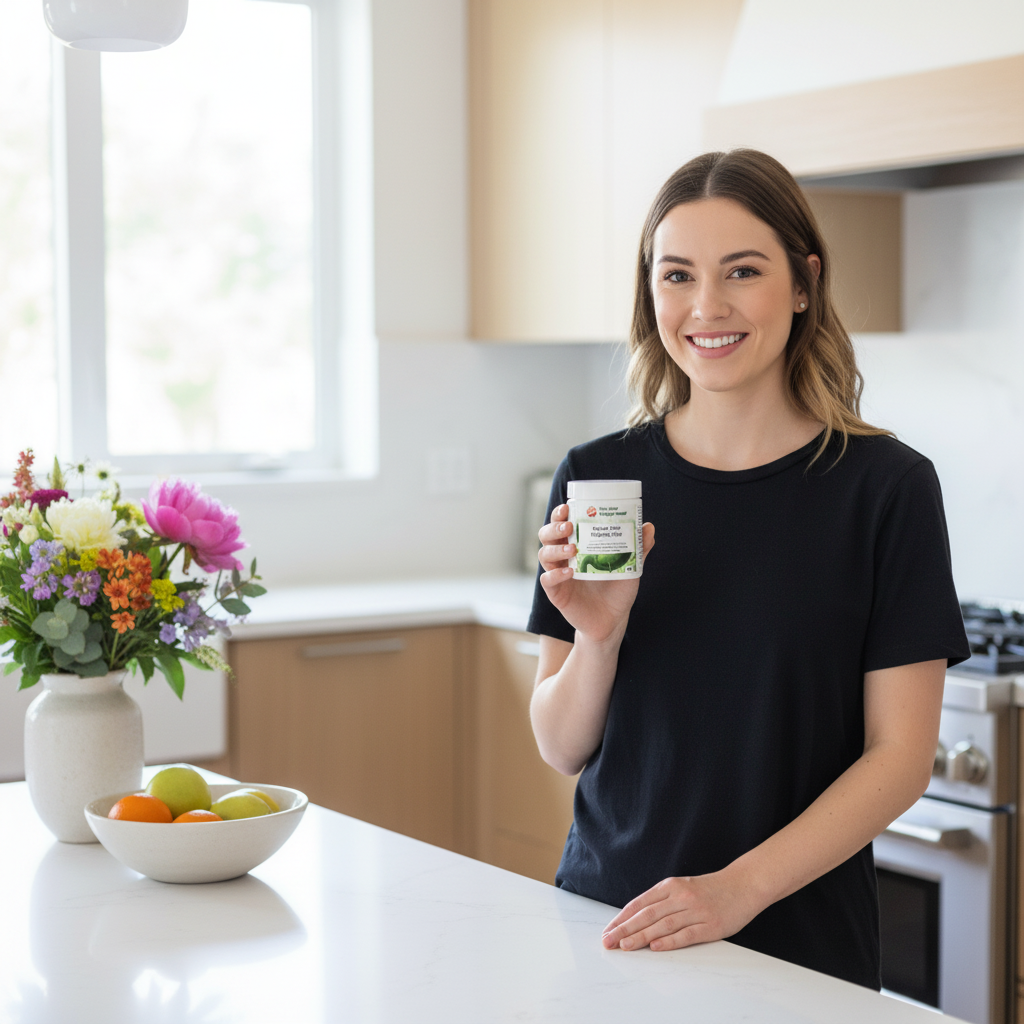 White female in morning kitchen routine holding Apple Cider Enzyme Flow by YouLoseWeightNow! flat supplement pot, fresh flowers on counter