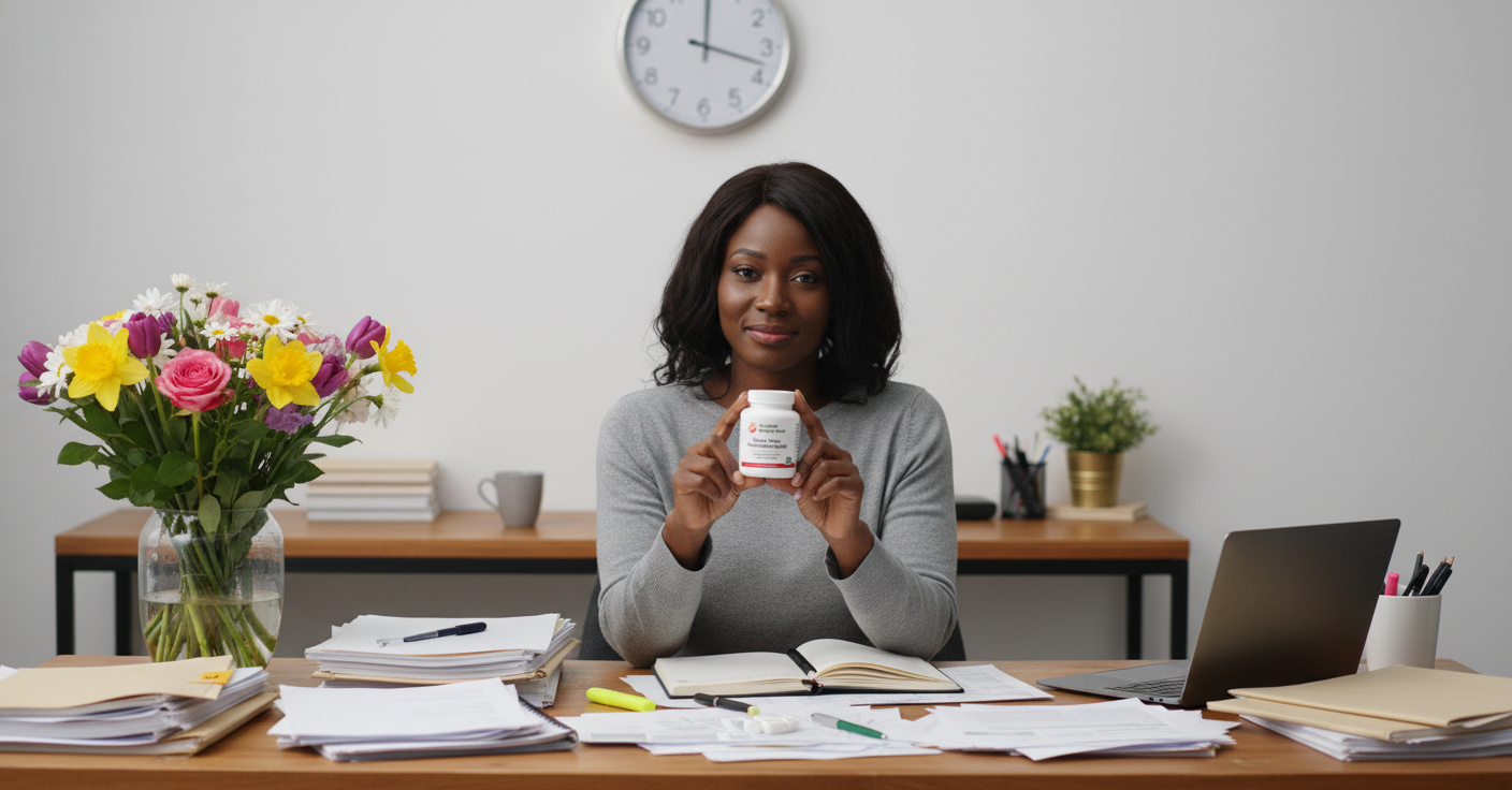 Young Black professional woman at a clean office desk with YouLoseWeightNow! Cherry Beetroot Energy Surge supplement, plants in background, natural light