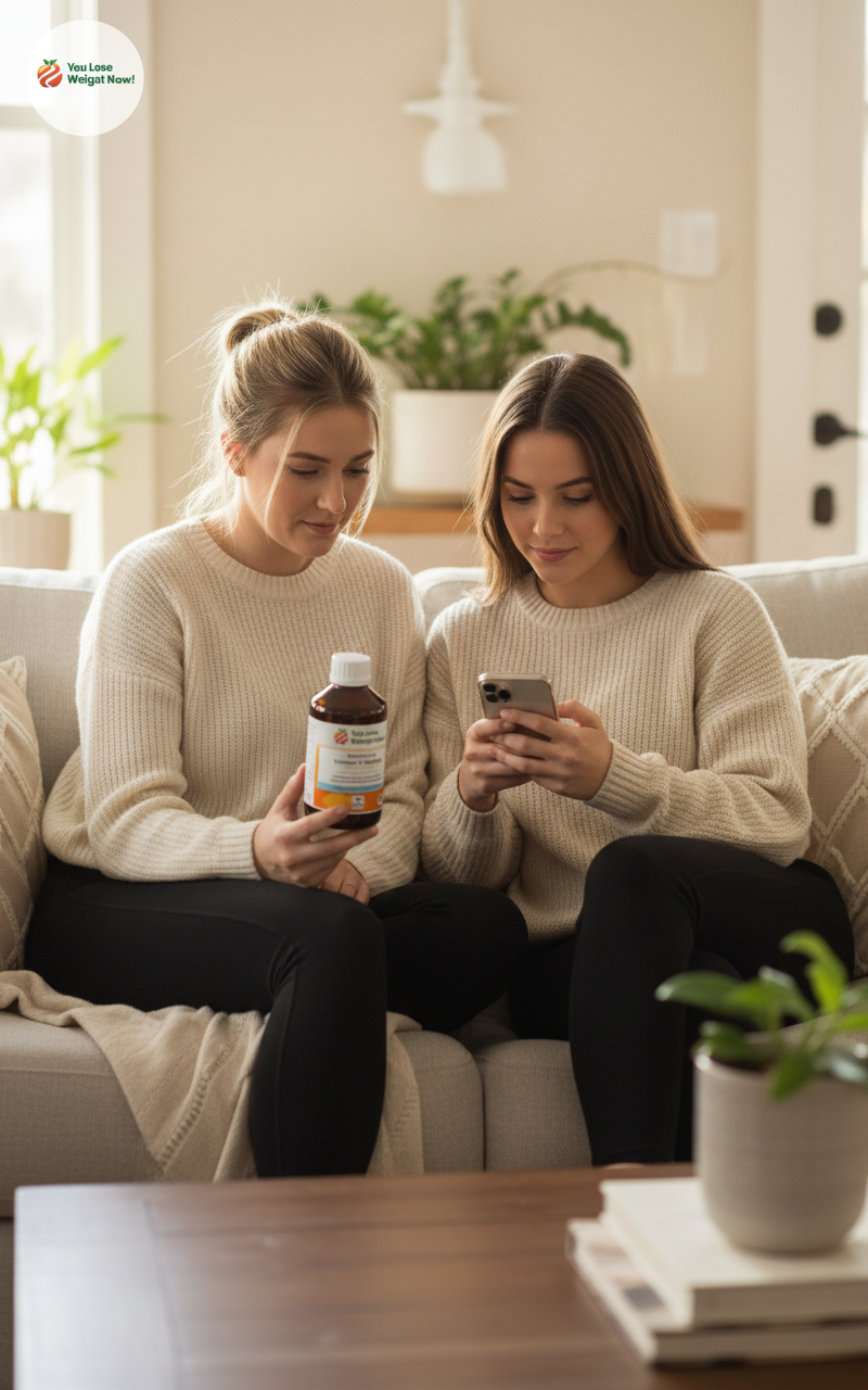 Two young White women on a sofa scrolling on their phones, one holding the YouLoseWeightNow! Liposomal Vitamin C Rosehip Surge amber bottle, cosy home living room, natural light