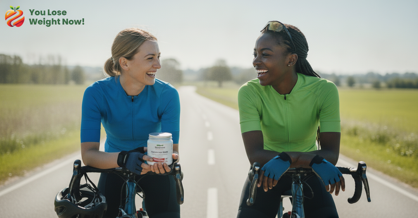 Two women in their mid-twenties — one White, one Black — in cycling gear, leaning against their bikes on a bright sunny road, helmets off, laughing and catching their breath. One holds the Hydration Electrolyte Surge pot — a short squat wide round supplement pot with a flat silver lid — the pot is the size of her hand. The YouLoseWeightNow! logo is visible in the top left corner of the image.