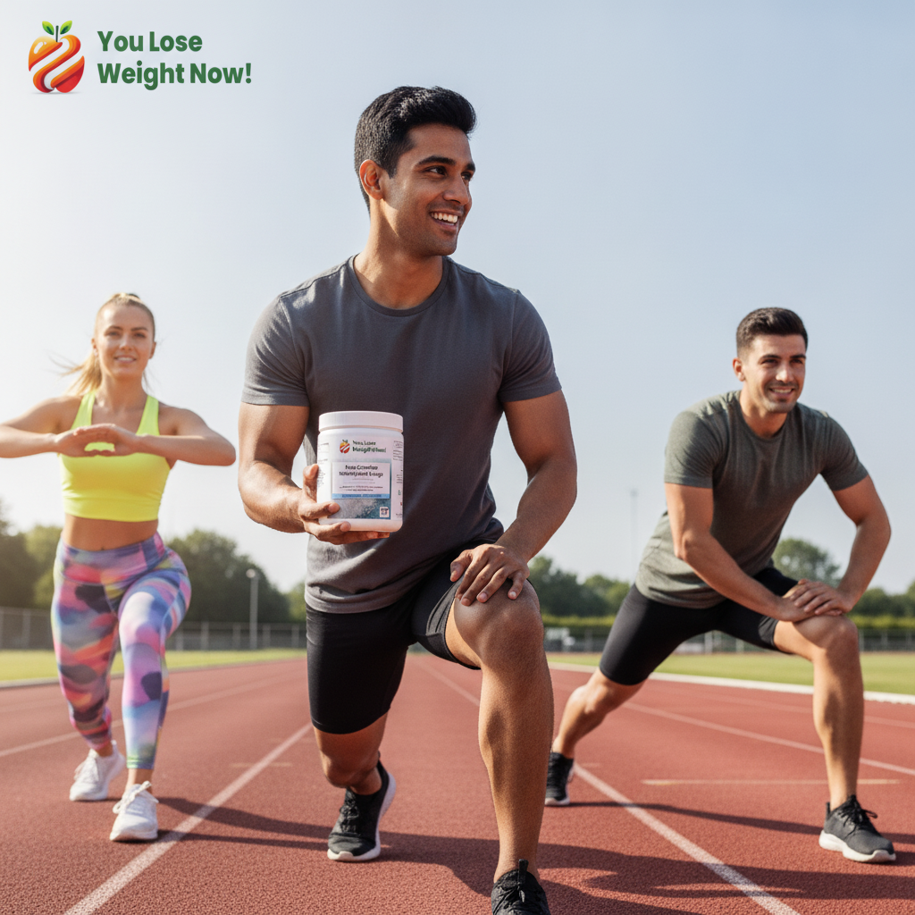 Three friends in their early twenties — one White male, one White female, one South Asian male — warm up at an outdoor athletics track on a bright summer morning. The South Asian male holds the YouLoseWeightNow! Pure Creatine Monohydrate Surge pot, grinning at the group. The YouLoseWeightNow! logo is visible in the top left corner of the image.