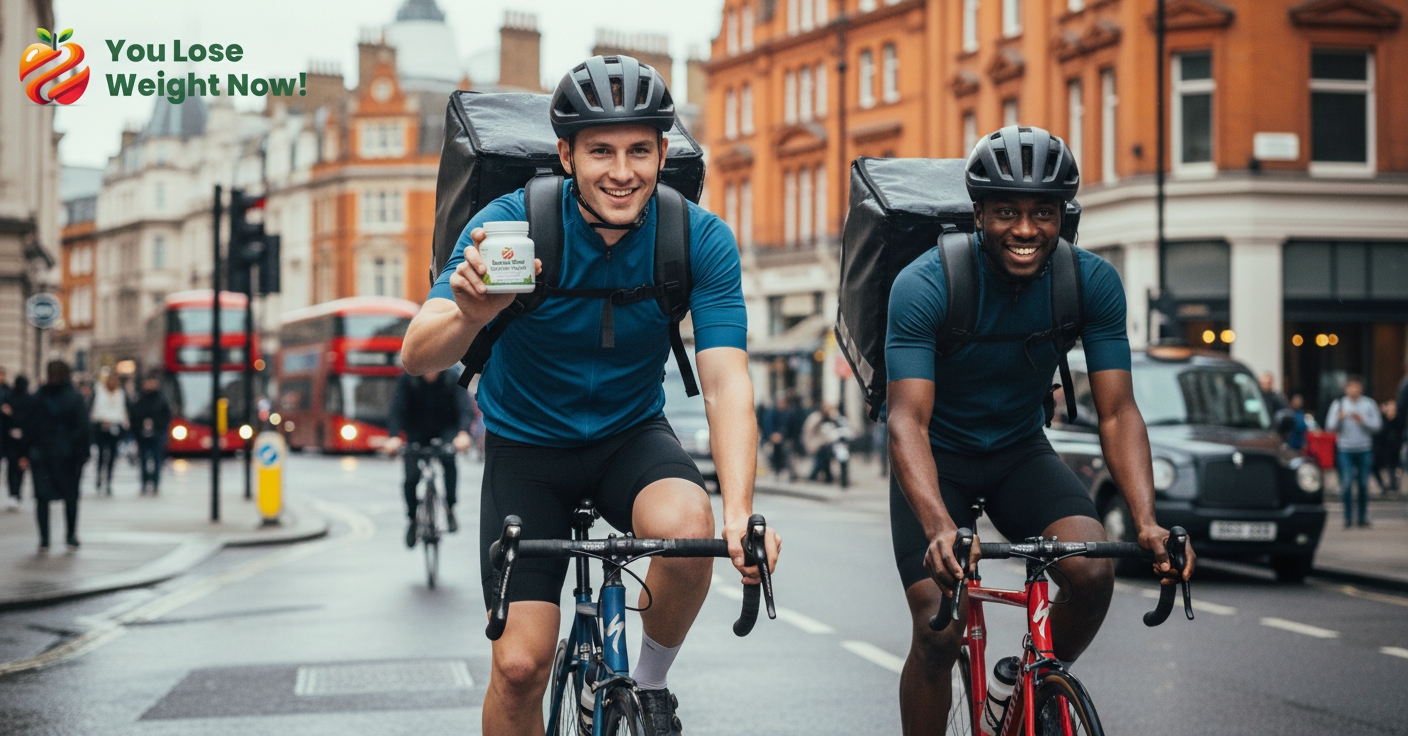 Two male courier cyclists aged 18-25 — one White, one Black — on their bikes on a busy London street with iconic city architecture in the background. The YouLoseWeightNow! logo is visible in the top left corner of the image.