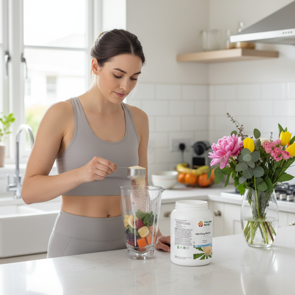 Young woman making a morning smoothie in a bright modern kitchen, holding a YouLoseWeightNow! Hemp Seed Protein Herbal Surge tub, fresh flowers on the counter

